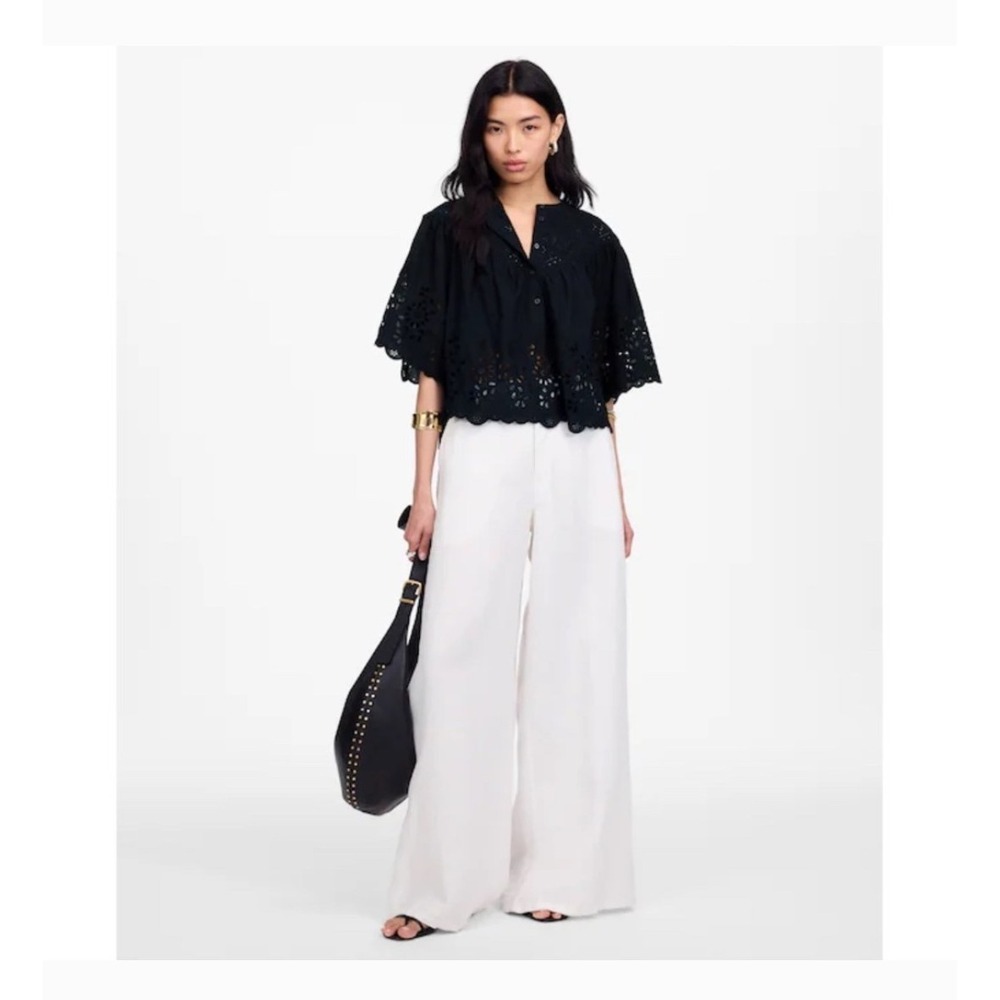 MADEWELL Women's Black Eyelet Cotton Sz XXS Swing Top Scalloped Hem Blouse New